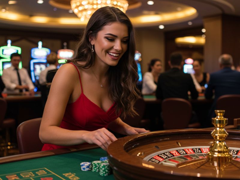 Girl hosting the Jackpot Meter Slots game in a lively casino environment, engaging players with excitement.