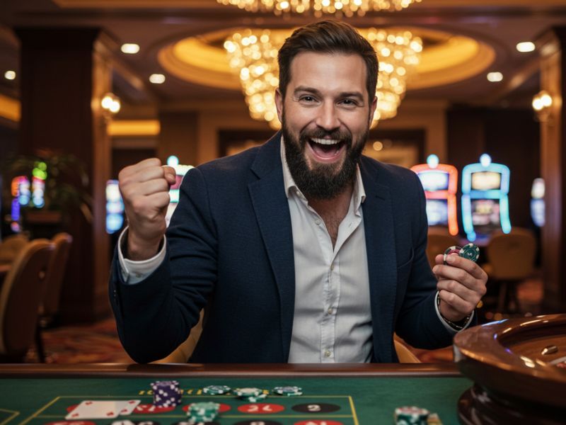 Jackpot Meter Slots showing a player winning big in a casino with flashing lights and celebratory graphics.