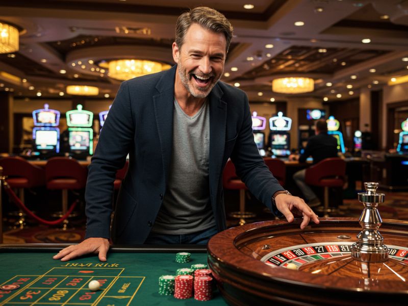 Man enjoying smooth and fast Manila Pay Casino Cashout while hosting a fun game session in a lively casino.