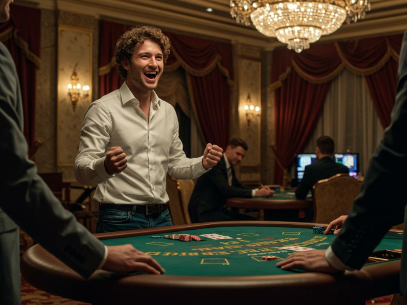 Man winning in casino and flexing his biceps at MWPlay888.net