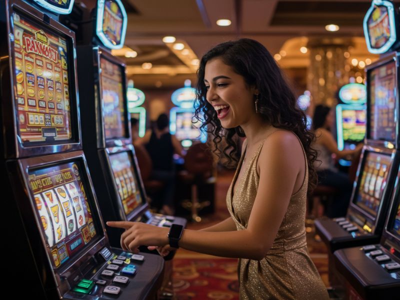 Girl enjoying online casino games using PayMaya in legal gambling sites, playing safely and conveniently from home.