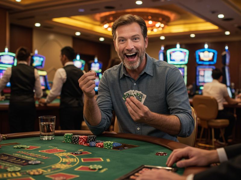 Man celebrating a big win at an online casino using PayMaya in legal gambling sites.