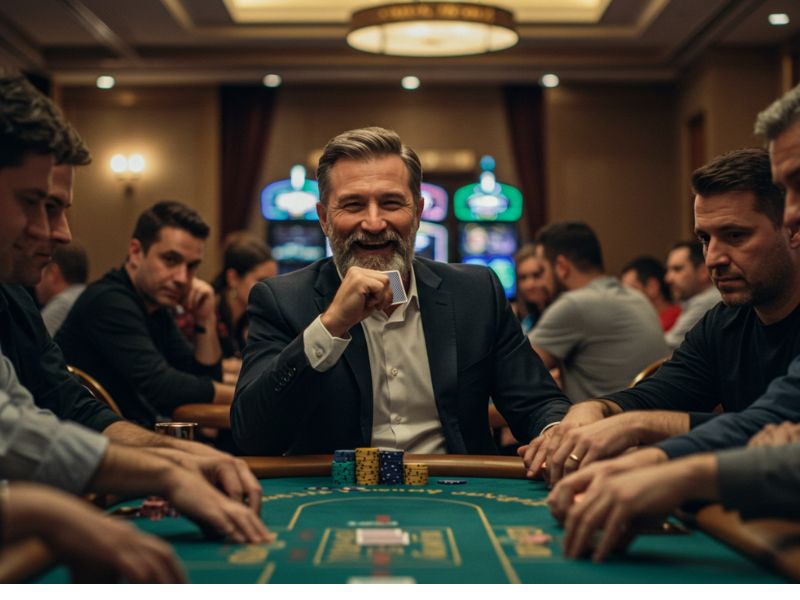 Old man thinking strategically while playing a card game in Sugar Bang Bang Demo.