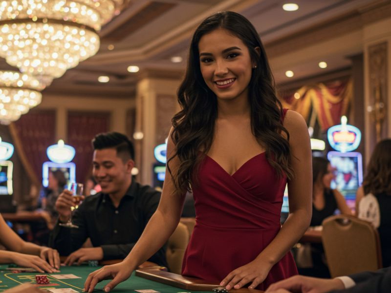 Beautiful girl hosting live games inside a casino for TMTPlay-Online.
