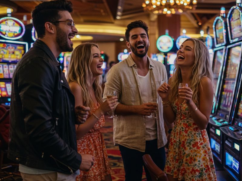 Two boys bring their girlfriends to enjoy the exciting casino atmosphere at TMTPlay-Online.
