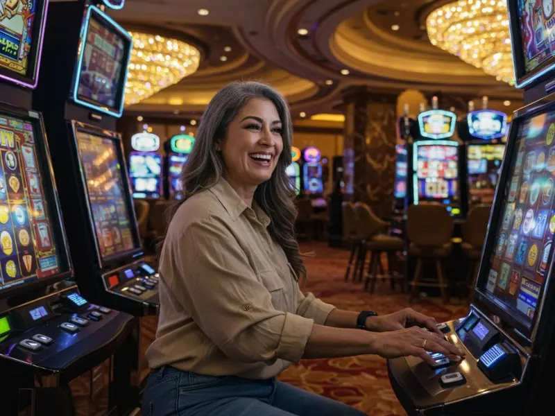 Happy woman enjoying casino games on MWPlay888.net.
