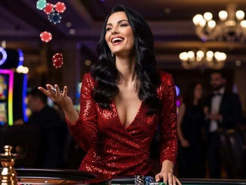 Happy woman tossing casino chips at 188maya casino, celebrating a big win