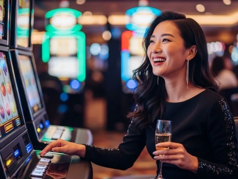 Joyful lady smiling while playing slot games at 188maya casino