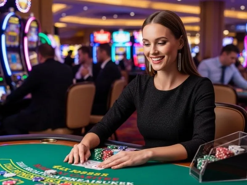 Smiling player laughing while playing poker at 188Maya Casino, enjoying a thrilling gaming experience