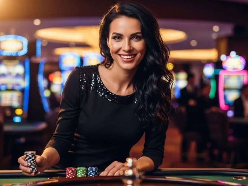 Smiling woman holding a stack of chips at 188maya casino