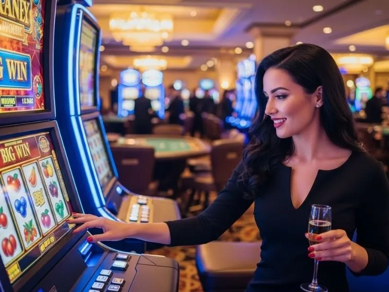 Joyful woman smiling while playing a slot machine at 18jl casino