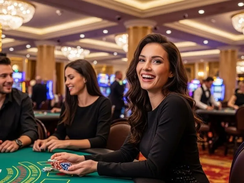Happy lady holding poker chips at 18jl casino, enjoying the excitement of casino games