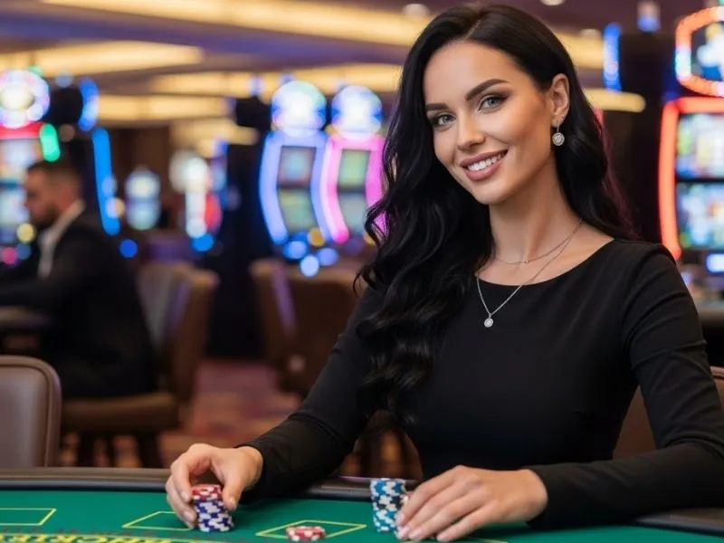 Woman smiling and holding chips ready to bet at 18jl casino