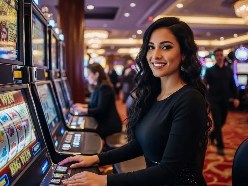 Joyful gambler playing slot machine at 19slot casino, winning big prizes