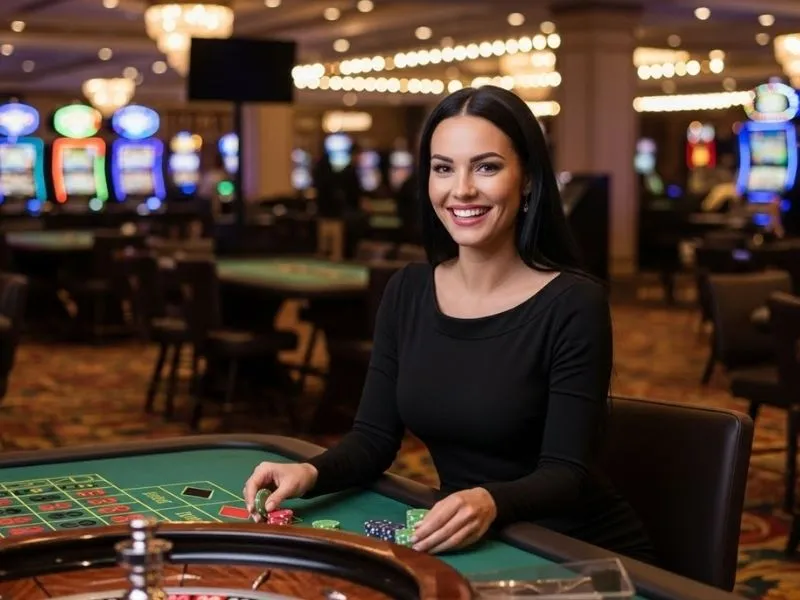 Joyful woman ready to place a roulette bet at 19slot casino