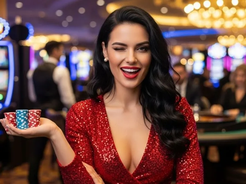 Happy woman holding casino chips and smiling at 19slot casino