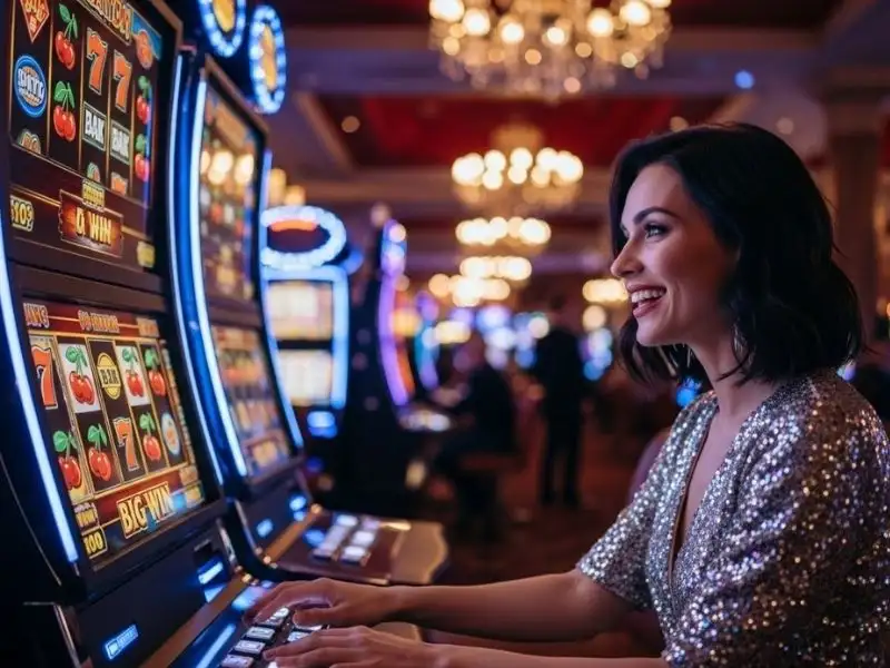 Happy woman playing slot machines online at 500jl casino login