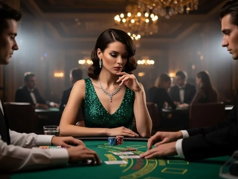 Woman enjoying a casino table game focused on winning, using 500jl casino login to play online.