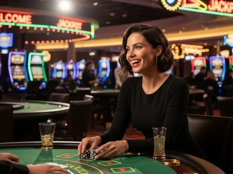 Woman smiling happily at casino table with chips and drink – 500jl casino login experience