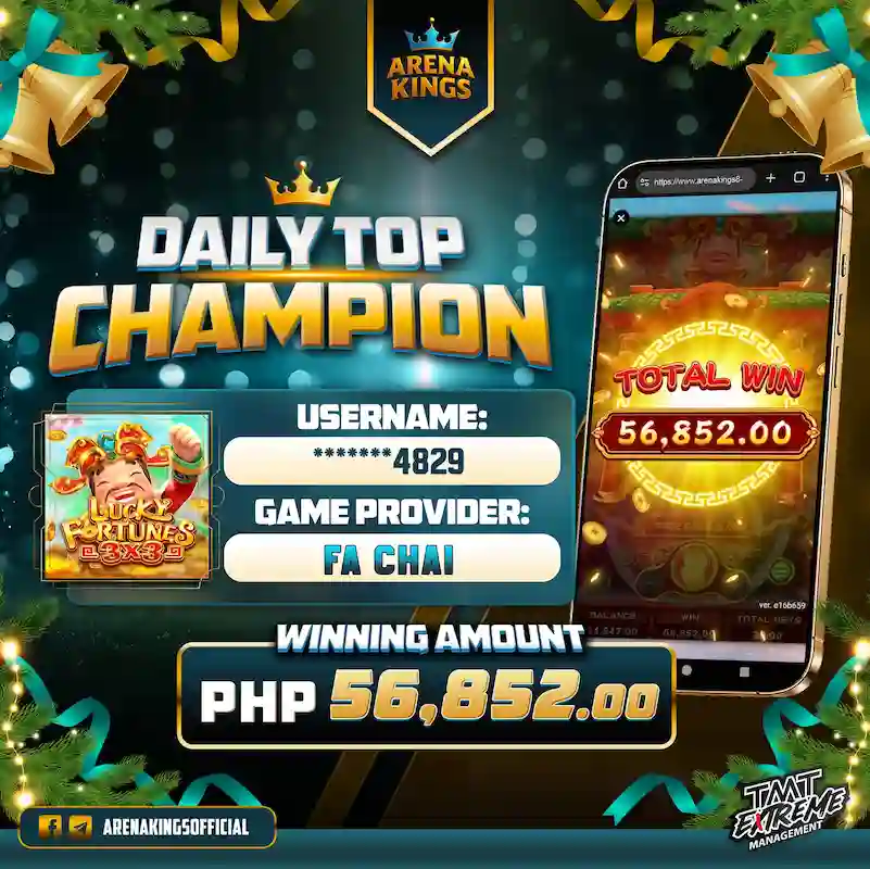 Daily Top Champion of Arena Kings. Lucky Fortunes by Fa Chai. A player won ₱56,852.00 - Deposit And Withdraw