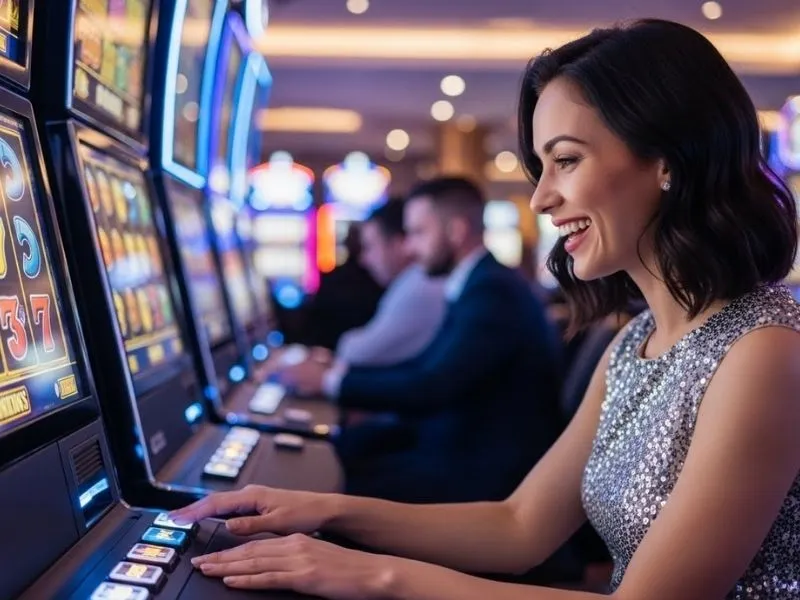 Joyful player smiling while playing slots at Ace PH Casino