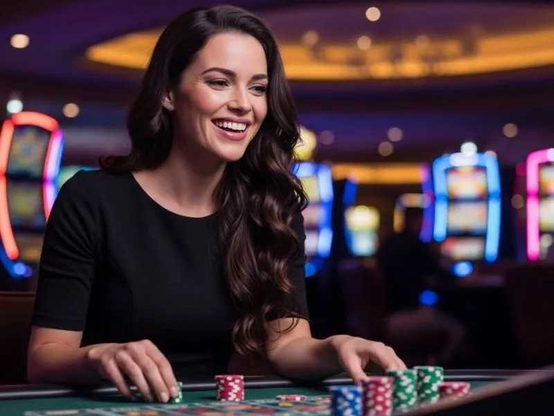 Smiling female player at a poker table enjoying her game at Ace PH Casino
