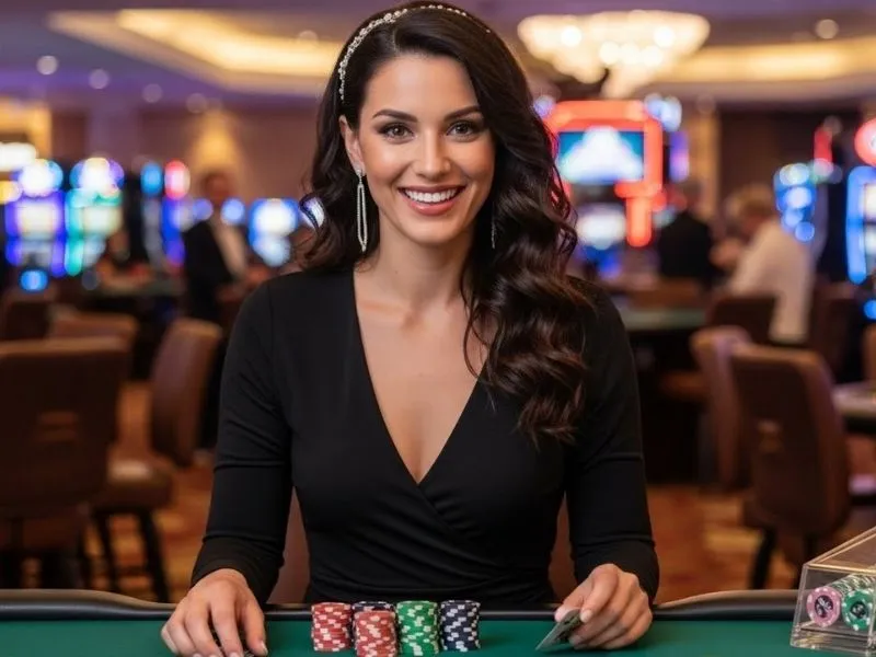 Ace Super PH Casino lady happily smiling while holding poker chips at a gaming table, representing a fun and rewarding online casino experience.