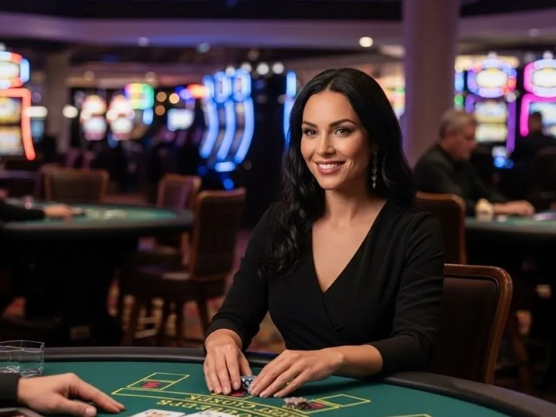 Player smiling at a poker table inside Balato8 Casino, enjoying the game