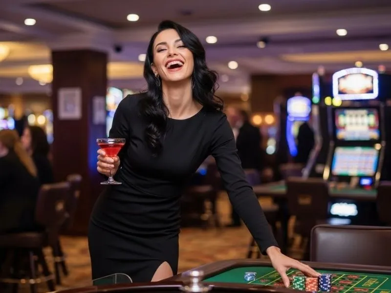 Smiling woman placing a bet at a roulette table in Balato8 Casino