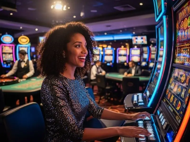 Woman happily playing slot machines at Balato8 Casino