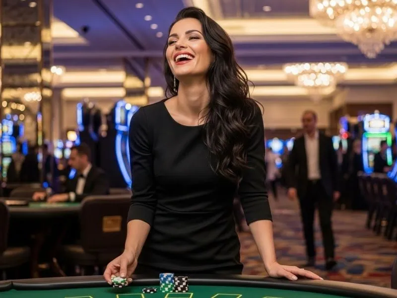 Thunderbird Casino guest enjoying casino games while holding betting chips