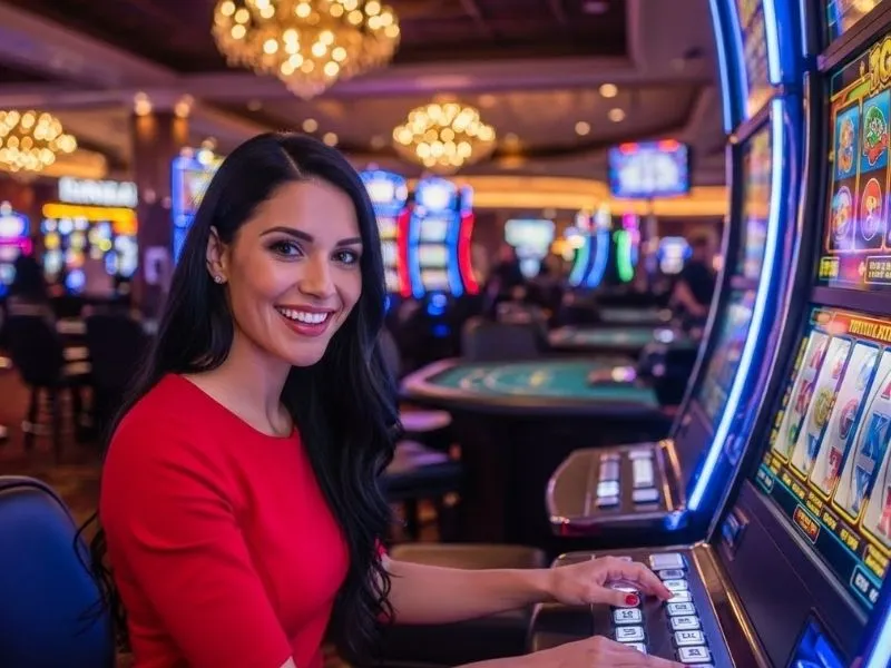 Happy woman smiling and posing at a slot machine inside Thunderbird Casino, enjoying an exciting casino gaming experience.
