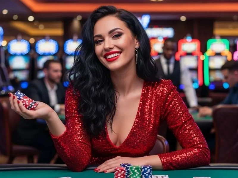 Woman happily posing with poker chips on a casino table at Thunderbird Casino