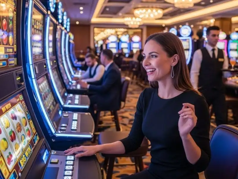 Happy woman pressing slot button at a casino in Malate