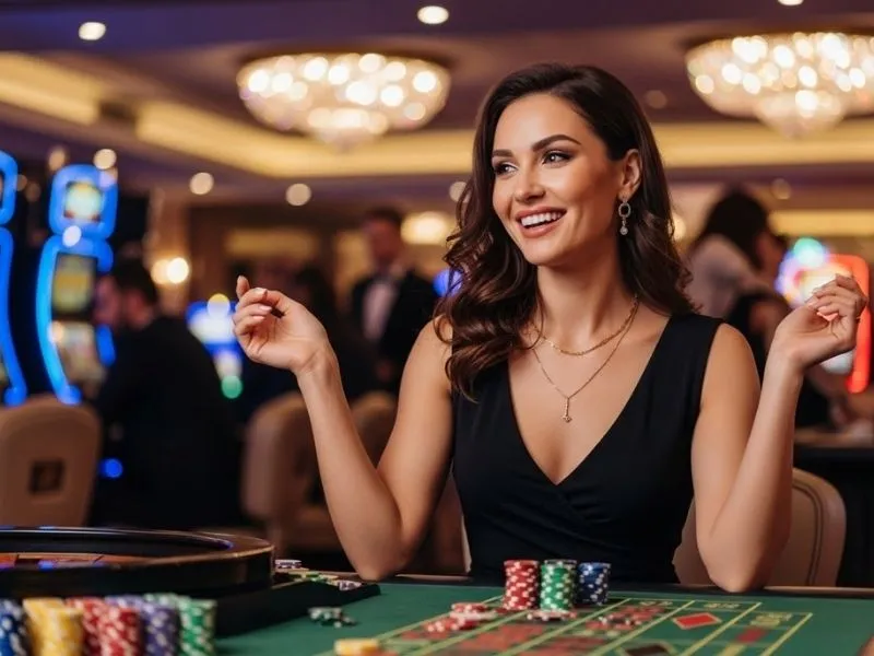 Woman smiling while playing roulette with colorful chips at a casino in Malate