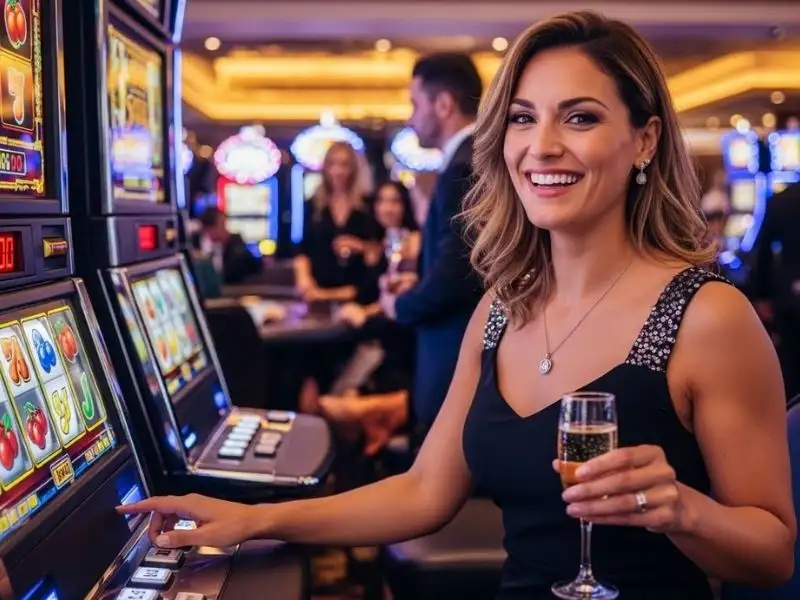 Happy woman enjoying slot machines at a casino, celebrating a win – jl7 casino login.