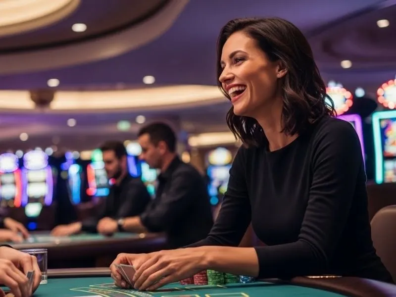 Smiling woman enjoying a poker game while accessing the jl7 casino login