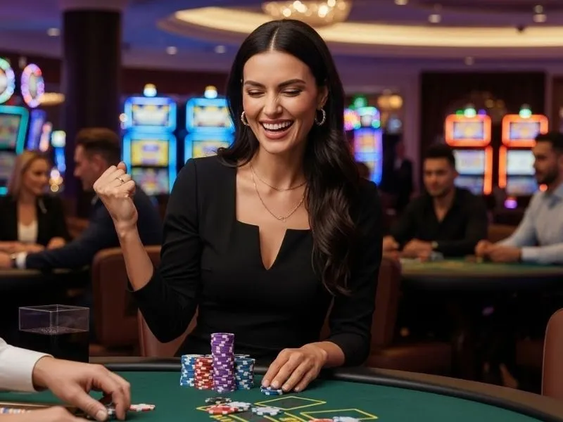 Woman celebrating a win at a poker table with chips stacked, representing the excitement after a successful jl7 casino login.