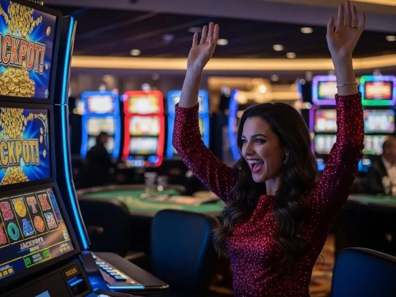Lady happily cheering at slot machines jackpot at Kubet Casino