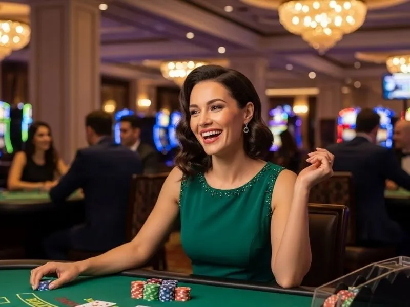 Kubet casino lady happily smiling while playing poker at a modern casino table