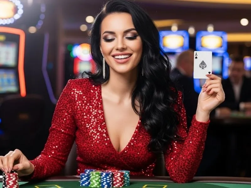 Kubet casino lady happily smiling at a poker table full of colorful casino chips