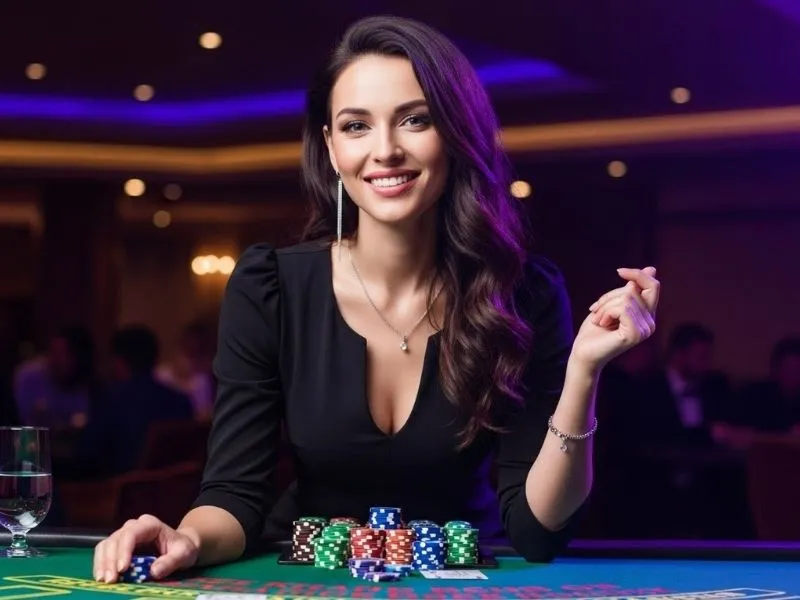 Lady happily smiling while holding colorful poker chips at Kubet Casino