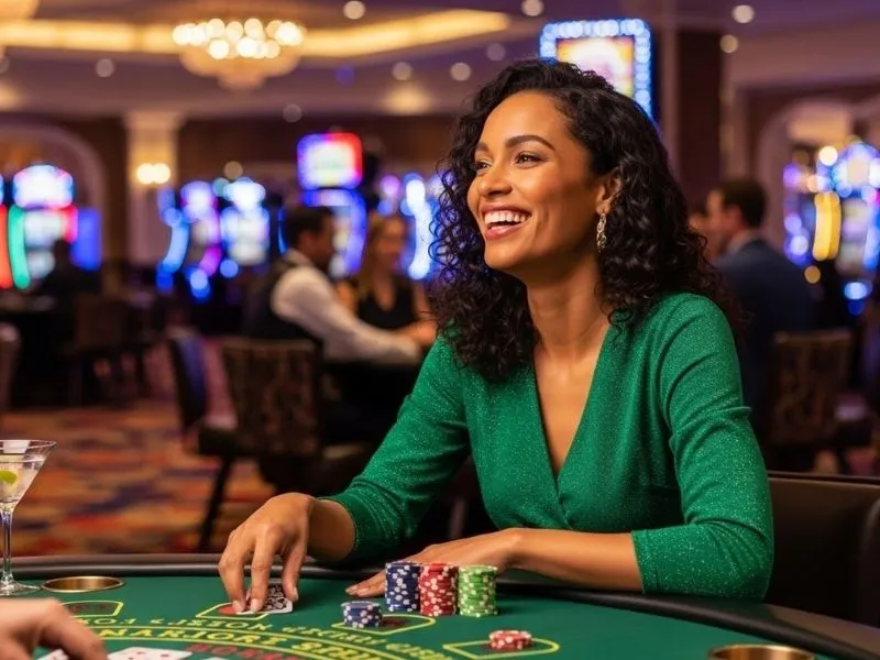 Mafia casino scene with a confident lady happily sitting at a casino table surrounded by chips