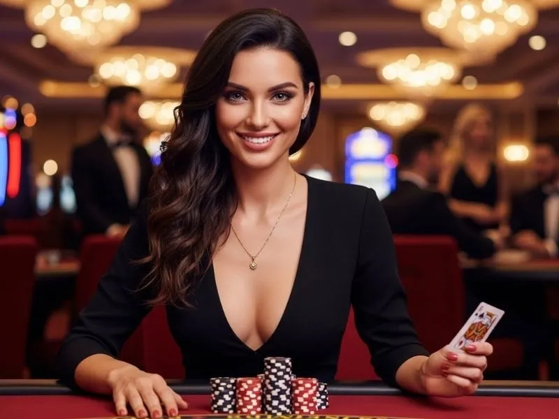 Mafia casino lady smiling with a stack of poker chips in front