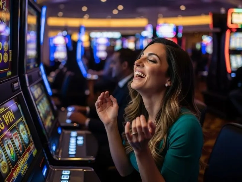 Mafia Casino slot player smiling after hitting the jackpot