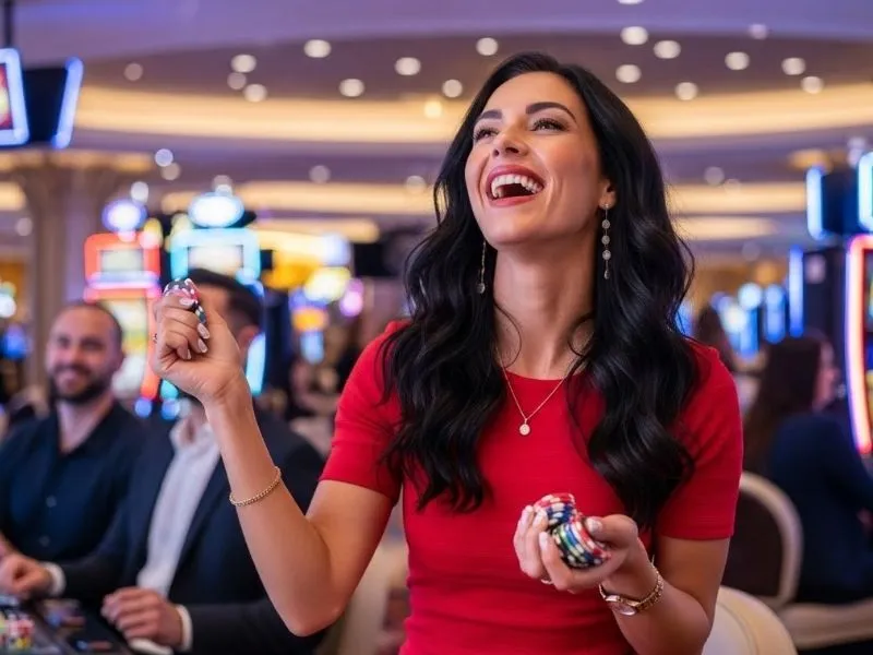 Woman smiling and holding chips in a mafia casino