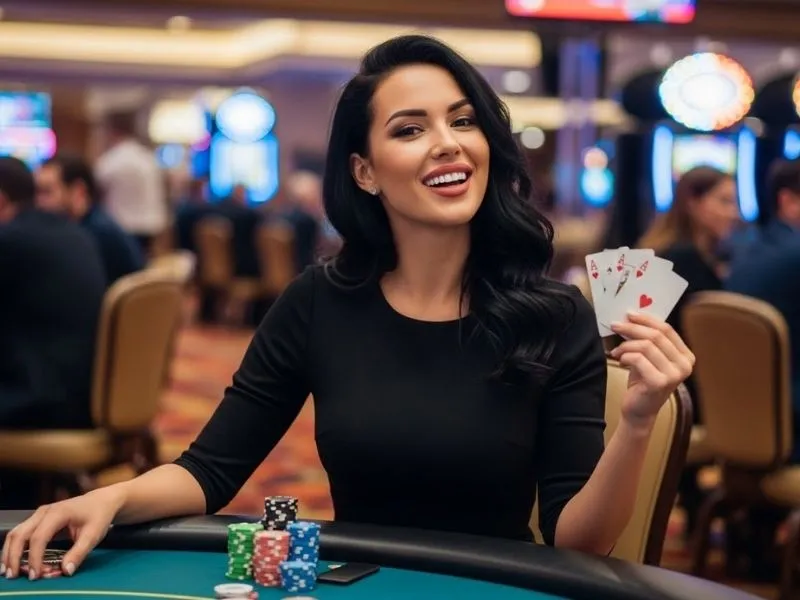 The pinata game lady smiling and posing for a photo while playing poker.