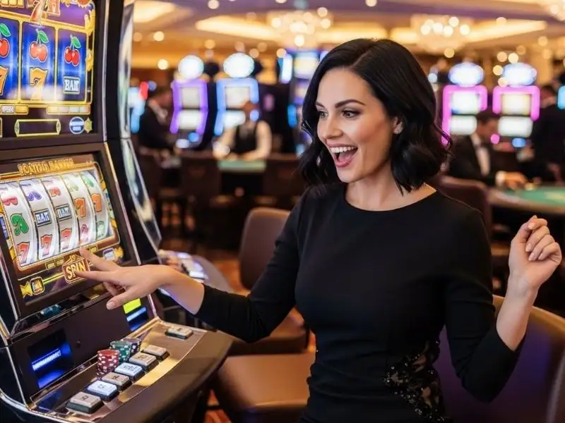 Joyful gambler playing a slot machine at Resorts World Manila, highlighting exciting Resorts World Manila casino careers.