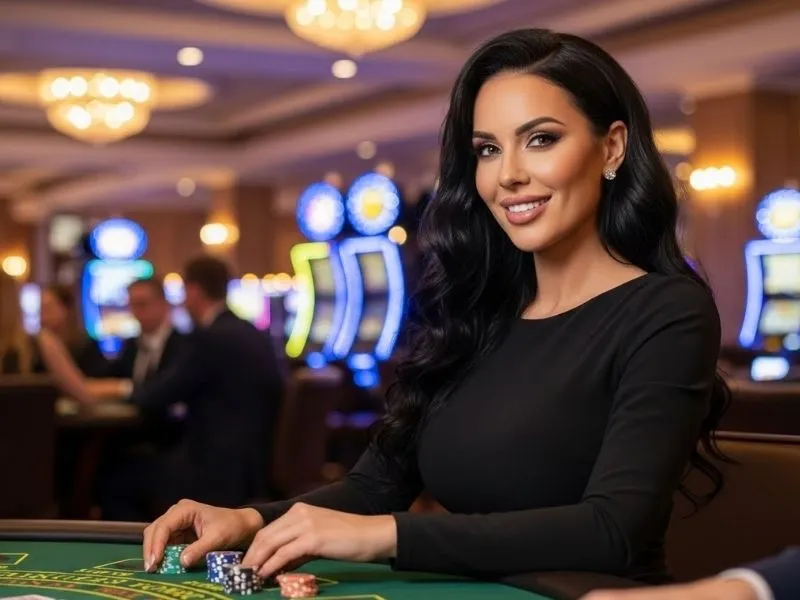 Lady smiling and holding chips ready to bet at Resorts World Manila casino careers