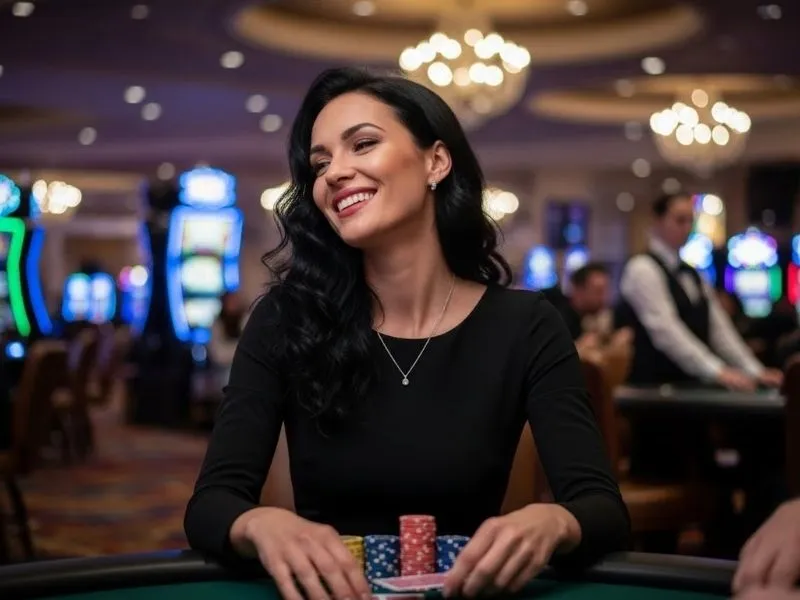Woman smiling and leaning on a poker table with chips, representing Resorts World Manila casino careers.